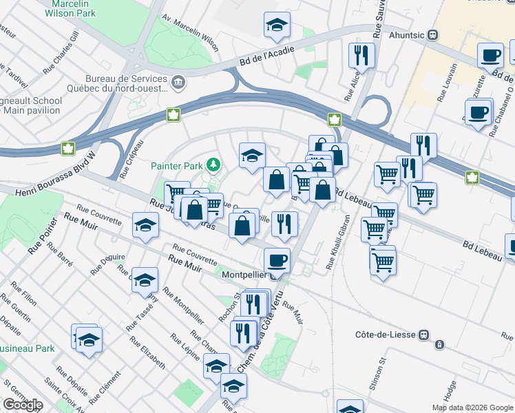 map of restaurants, bars, coffee shops, grocery stores, and more near 355 Rue Dubeau in Montréal