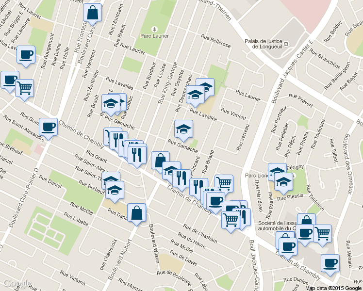 map of restaurants, bars, coffee shops, grocery stores, and more near 2369 Rue Gamache in Longueuil