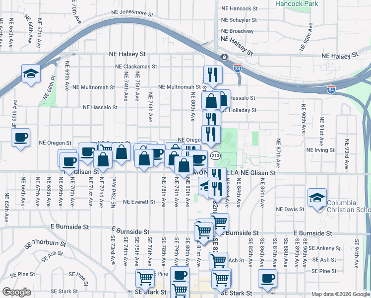 map of restaurants, bars, coffee shops, grocery stores, and more near 709 Northeast 80th Avenue in Portland