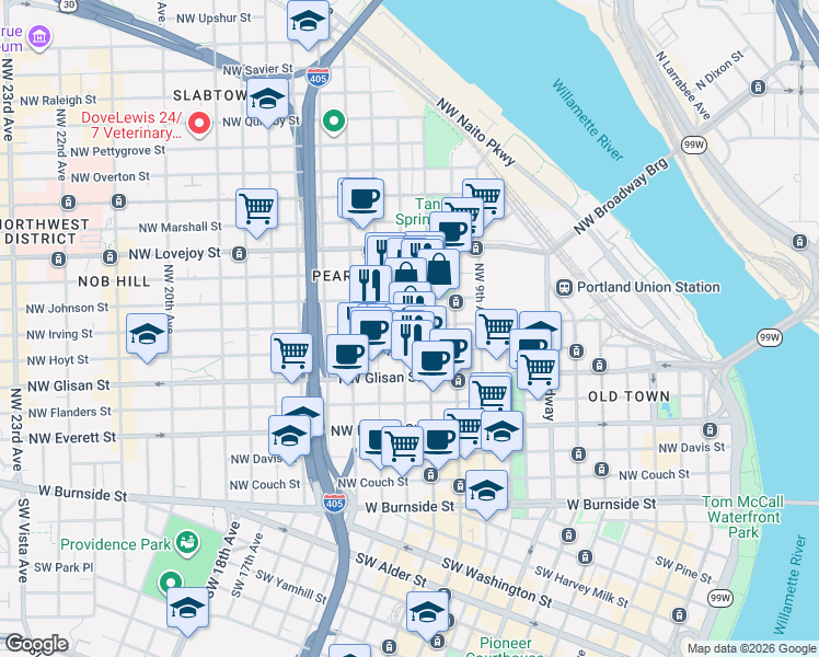map of restaurants, bars, coffee shops, grocery stores, and more near 682 Northwest 12th Avenue in Portland