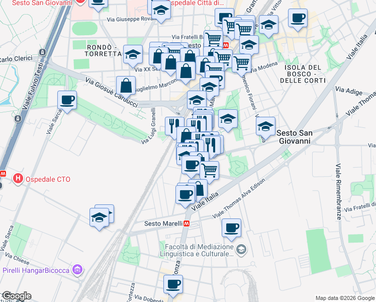 map of restaurants, bars, coffee shops, grocery stores, and more near 37 Via Renzo del Riccio in Sesto San Giovanni