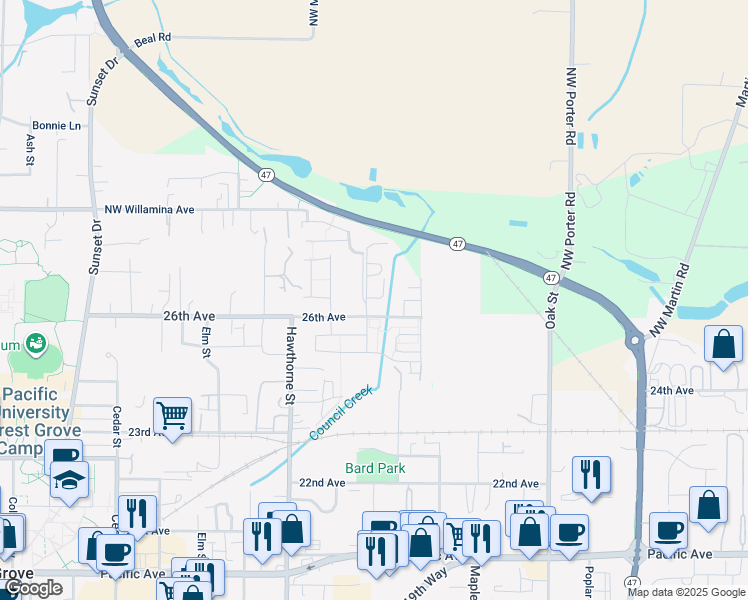 map of restaurants, bars, coffee shops, grocery stores, and more near 2645 Juniper Street in Forest Grove