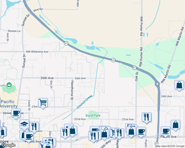 map of restaurants, bars, coffee shops, grocery stores, and more near 2645 Juniper Street in Forest Grove