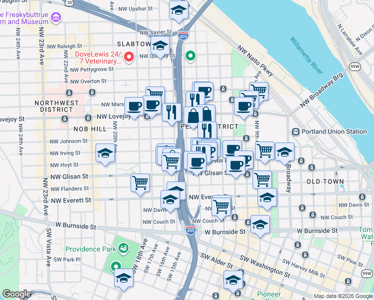 map of restaurants, bars, coffee shops, grocery stores, and more near Northwest Irving Street in Portland