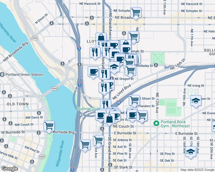 map of restaurants, bars, coffee shops, grocery stores, and more near 681 Northeast Grand Avenue in Portland