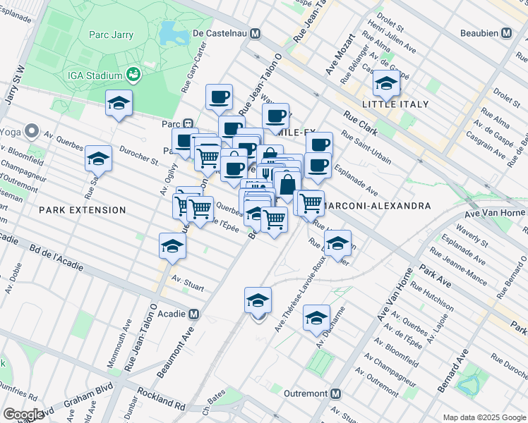 map of restaurants, bars, coffee shops, grocery stores, and more near 3630 Durocher Street in Montreal