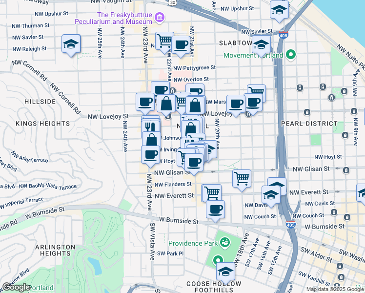 map of restaurants, bars, coffee shops, grocery stores, and more near 2147 Northwest Irving Street in Portland