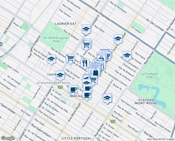 map of restaurants, bars, coffee shops, grocery stores, and more near 4587 Rue de Mentana in Montréal