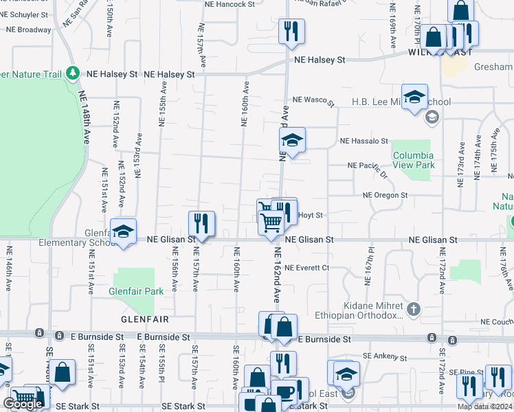map of restaurants, bars, coffee shops, grocery stores, and more near 640 Northeast 160th Avenue in Portland