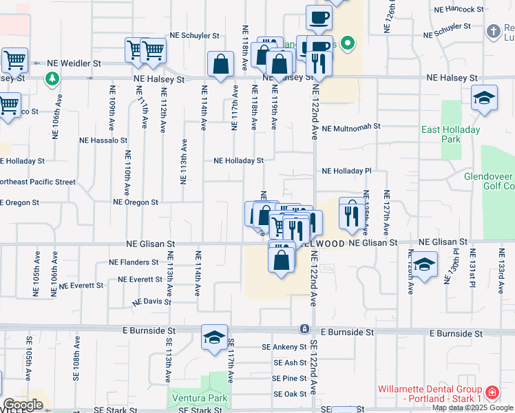 map of restaurants, bars, coffee shops, grocery stores, and more near 733 Northeast 118th Avenue in Portland