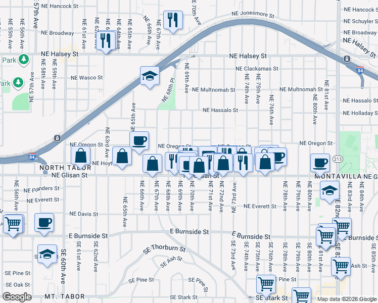 map of restaurants, bars, coffee shops, grocery stores, and more near 720 Northeast 69th Avenue in Portland