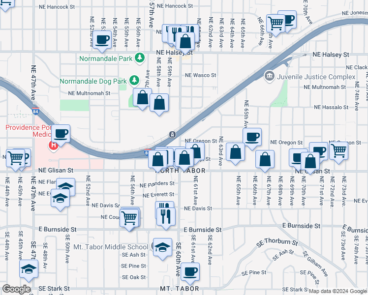 map of restaurants, bars, coffee shops, grocery stores, and more near 5800 Northeast Center Commons Way in Portland