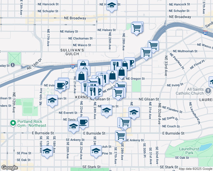 map of restaurants, bars, coffee shops, grocery stores, and more near 2506 Northeast Sandy Boulevard in Portland