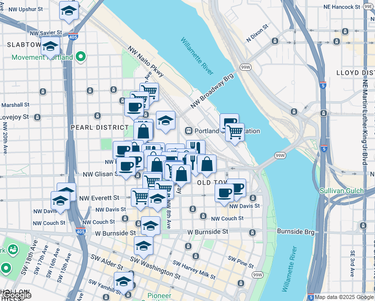 map of restaurants, bars, coffee shops, grocery stores, and more near 666 Northwest Broadway in Portland