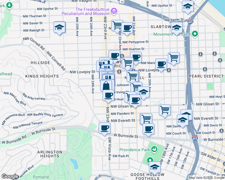 map of restaurants, bars, coffee shops, grocery stores, and more near 817 Northwest 23rd Avenue in Portland