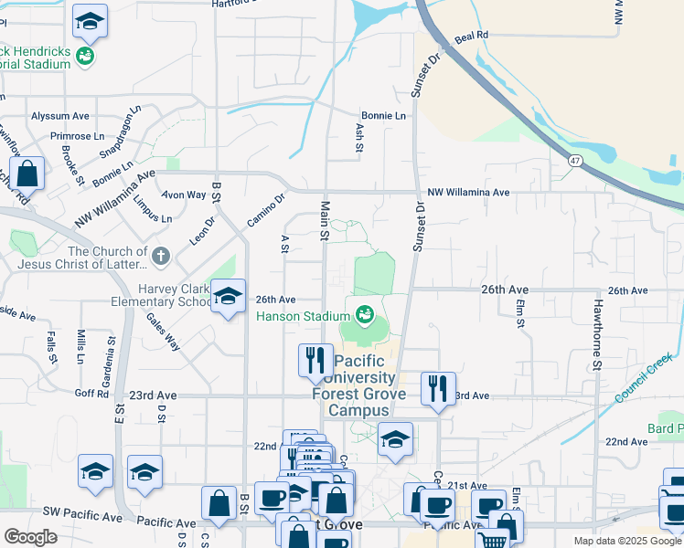 map of restaurants, bars, coffee shops, grocery stores, and more near 2701 Main Street in Forest Grove