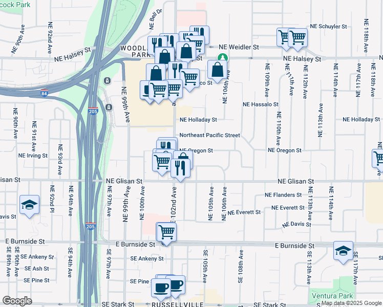 map of restaurants, bars, coffee shops, grocery stores, and more near 10332 Northeast Oregon Street in Portland
