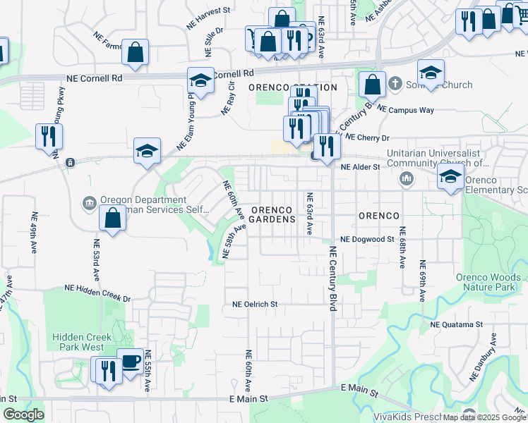map of restaurants, bars, coffee shops, grocery stores, and more near 6053 Northeast Chestnut Street in Hillsboro