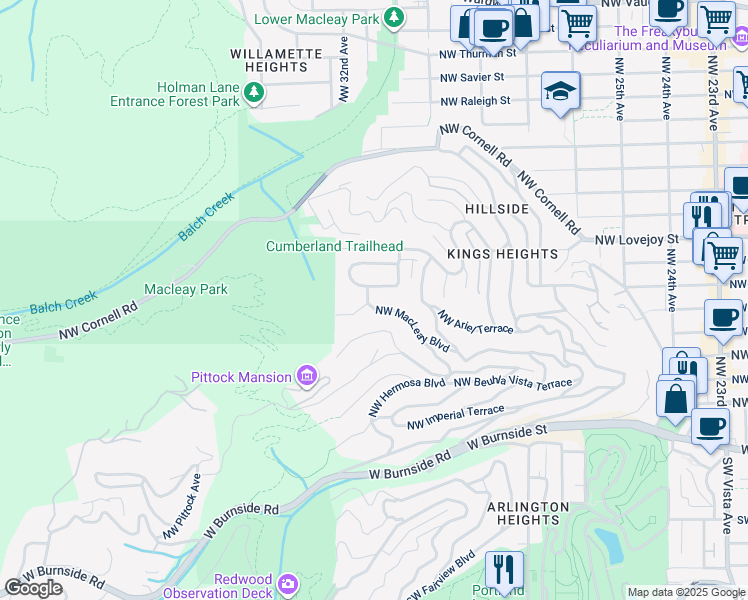 map of restaurants, bars, coffee shops, grocery stores, and more near 714 Northwest Warrenton Terrace in Portland