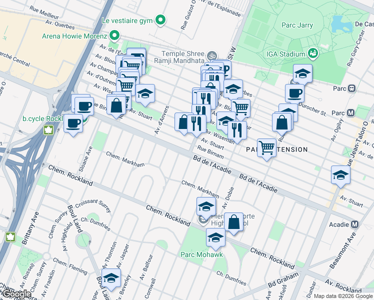 map of restaurants, bars, coffee shops, grocery stores, and more near 1055 Rue Jarry Ouest in Montréal