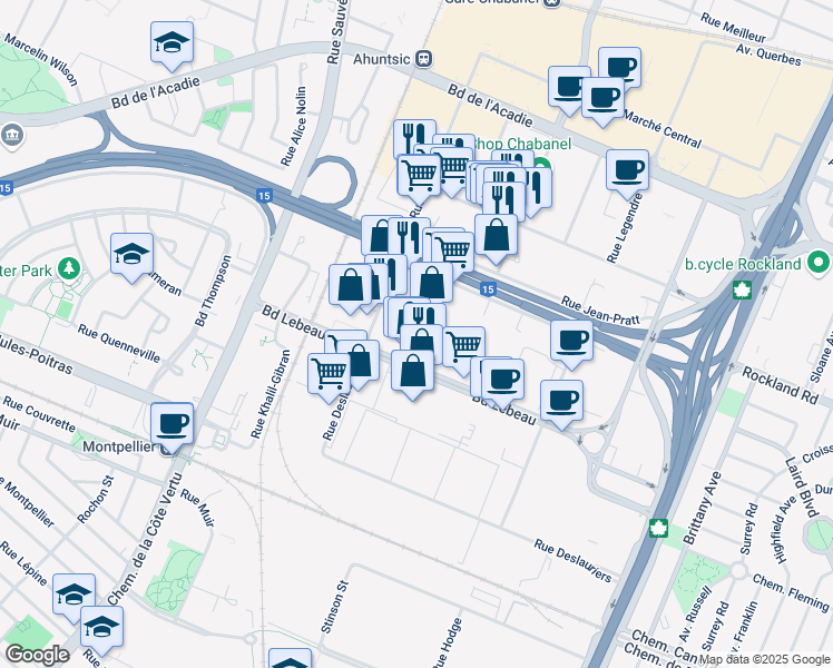 map of restaurants, bars, coffee shops, grocery stores, and more near 571 Boulevard Lebeau in Montréal