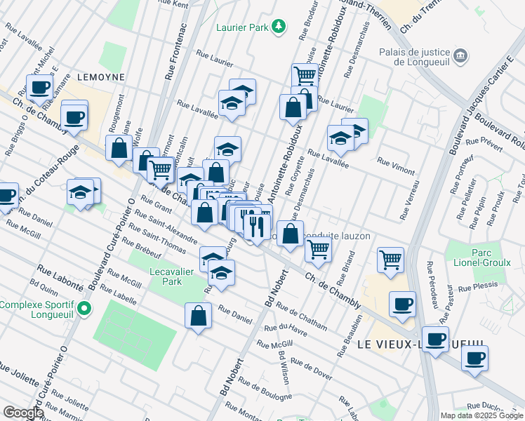 map of restaurants, bars, coffee shops, grocery stores, and more near 99 Rue King-George in Longueuil