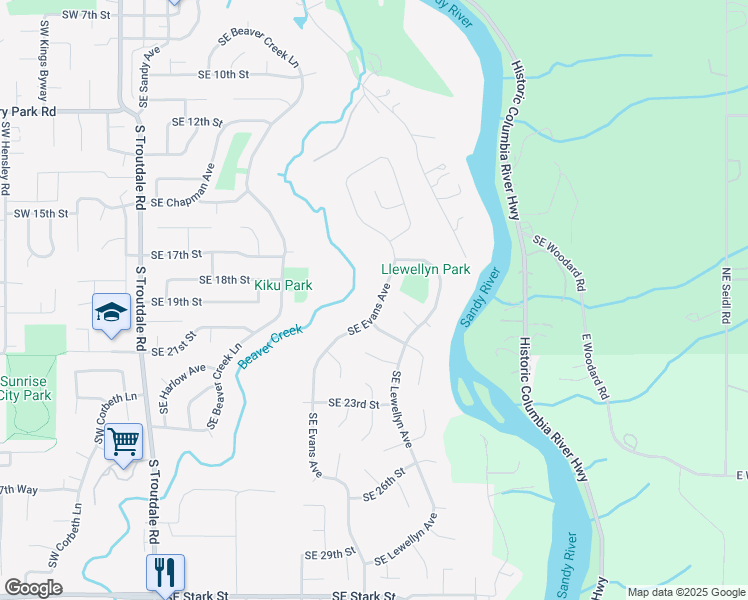 map of restaurants, bars, coffee shops, grocery stores, and more near 1835 Southeast Evans Avenue in Troutdale