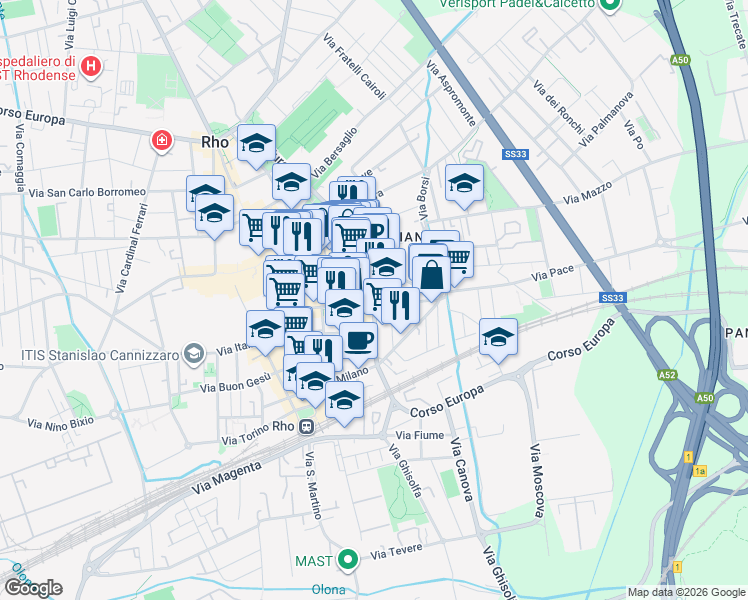 map of restaurants, bars, coffee shops, grocery stores, and more near 122 Corso Europa in Rho