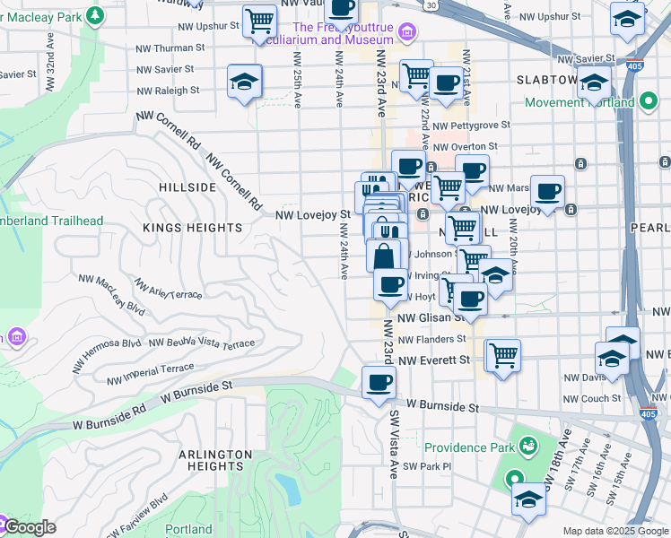 map of restaurants, bars, coffee shops, grocery stores, and more near 2438 Northwest Johnson Street in Portland
