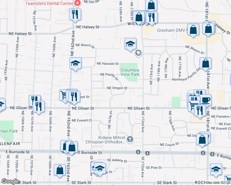 map of restaurants, bars, coffee shops, grocery stores, and more near 16801 Northeast Hoyt Street in Portland