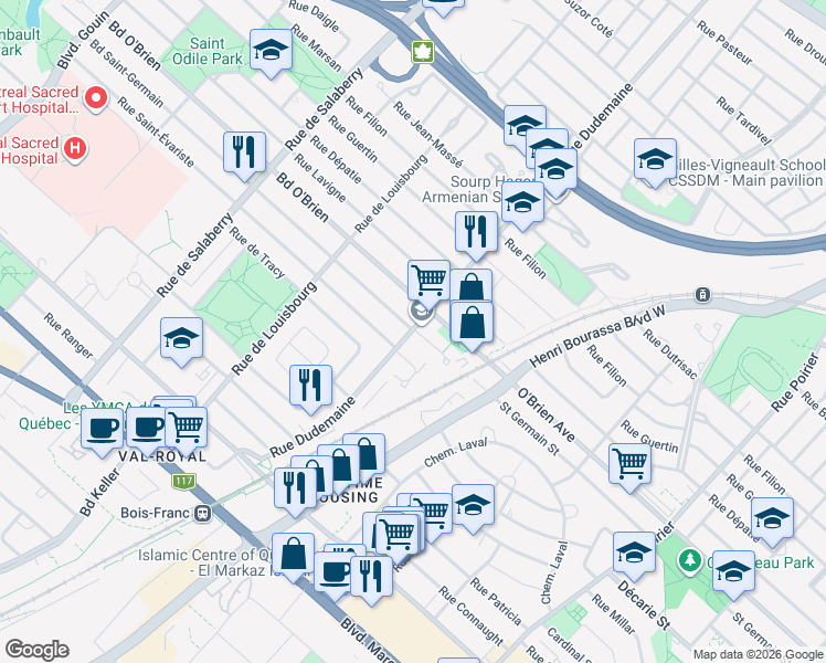 map of restaurants, bars, coffee shops, grocery stores, and more near 5100 Rue Dudemaine in Montreal