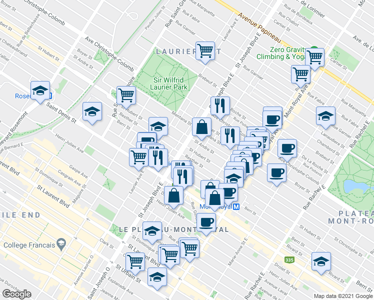 map of restaurants, bars, coffee shops, grocery stores, and more near 774 Boulevard Saint-Joseph Est in Montréal