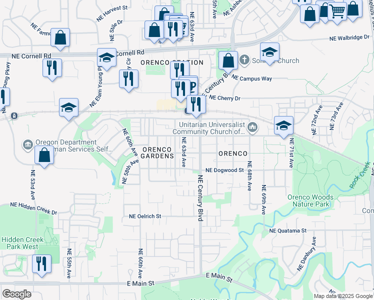 map of restaurants, bars, coffee shops, grocery stores, and more near 6353 Northeast Chestnut Street in Hillsboro