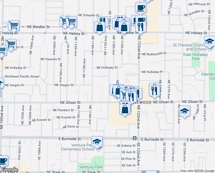 map of restaurants, bars, coffee shops, grocery stores, and more near 729 Northeast 117th Avenue in Portland