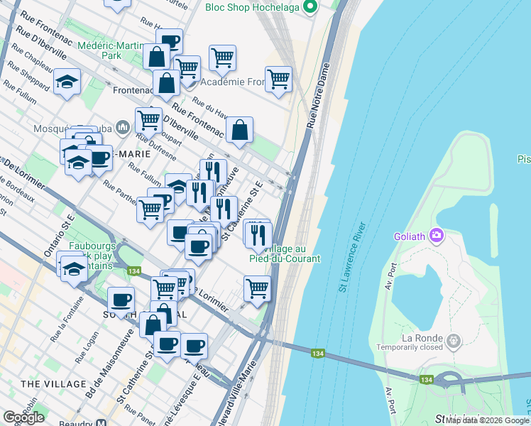 map of restaurants, bars, coffee shops, grocery stores, and more near 591 Rue Dufresne in Montréal