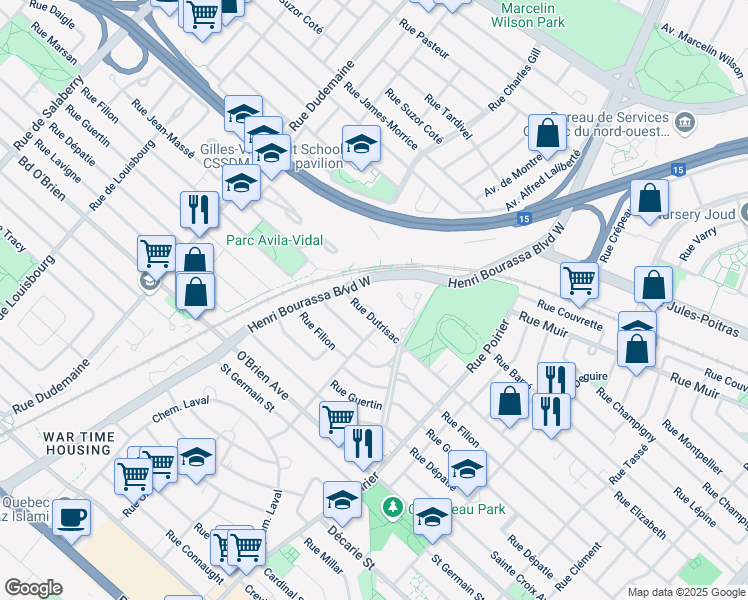 map of restaurants, bars, coffee shops, grocery stores, and more near 2055 Rue Dutrisac in Montréal