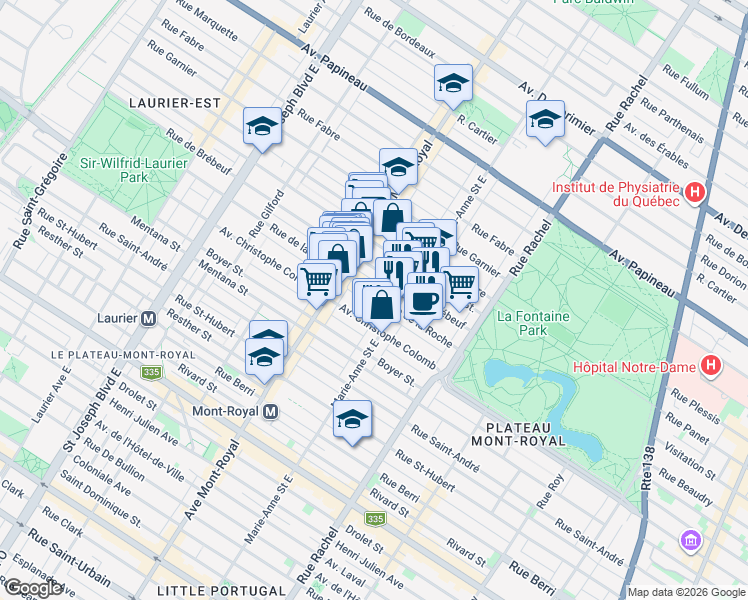 map of restaurants, bars, coffee shops, grocery stores, and more near 4406 Rue de la Roche in Montréal