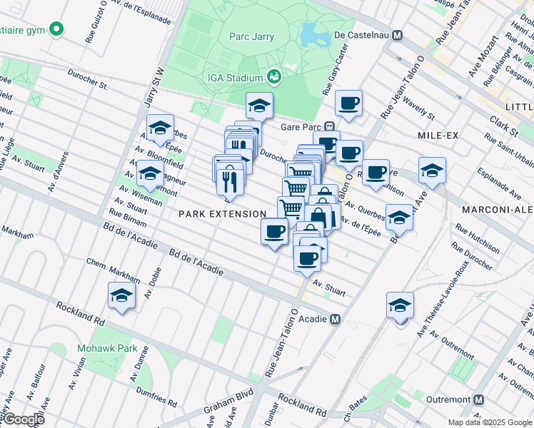 map of restaurants, bars, coffee shops, grocery stores, and more near 7481 Champagneur Avenue in Montreal
