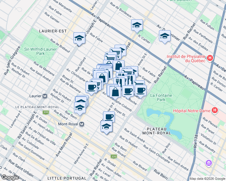 map of restaurants, bars, coffee shops, grocery stores, and more near 4406 Rue de la Roche in Montréal