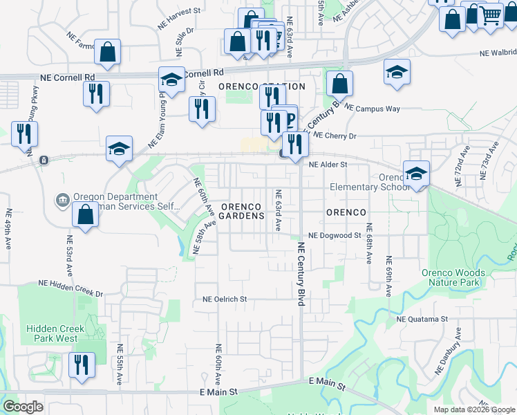 map of restaurants, bars, coffee shops, grocery stores, and more near 6229 Northeast Chestnut Street in Hillsboro