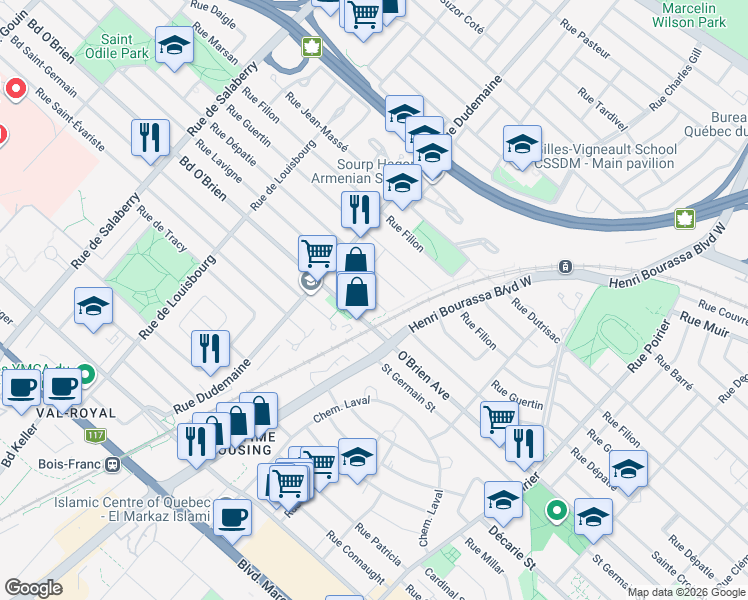 map of restaurants, bars, coffee shops, grocery stores, and more near 11590 Rue Lavigne in Montreal