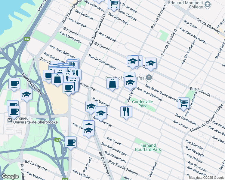 map of restaurants, bars, coffee shops, grocery stores, and more near 730 Rue d'Iberville in Longueuil