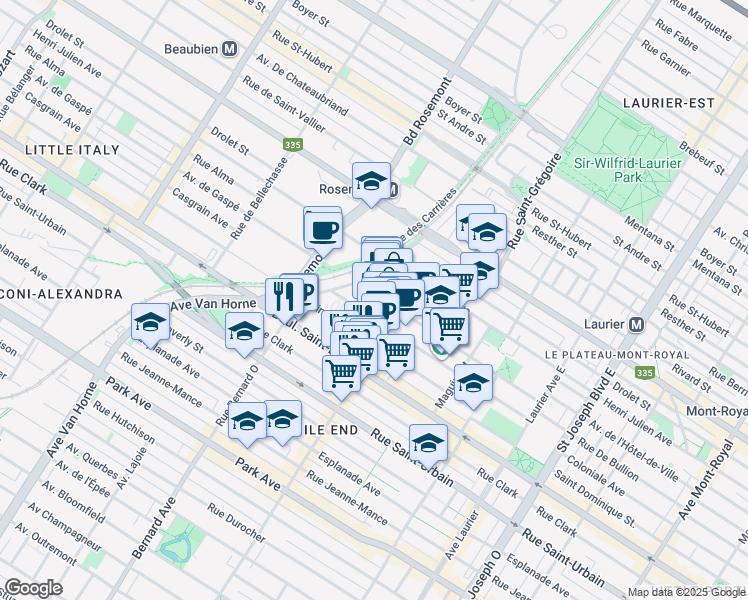 map of restaurants, bars, coffee shops, grocery stores, and more near in Montreal