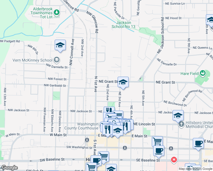 map of restaurants, bars, coffee shops, grocery stores, and more near 543 Northeast 2nd Avenue in Hillsboro