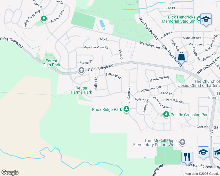 map of restaurants, bars, coffee shops, grocery stores, and more near 2713 Buxton St in Forest Grove
