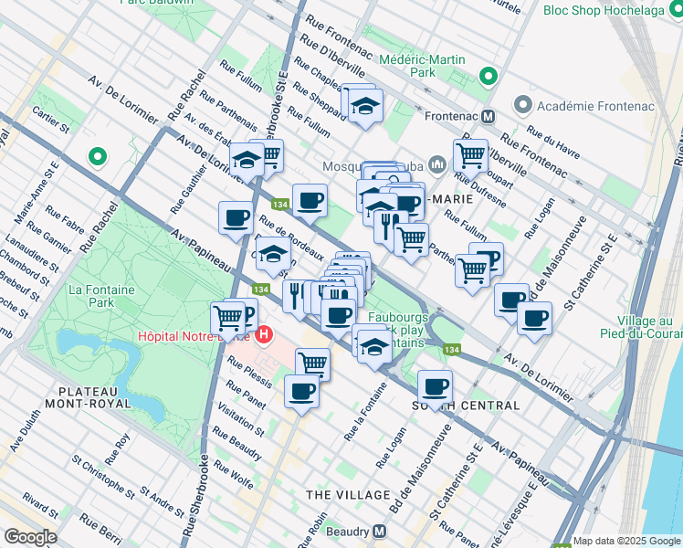 map of restaurants, bars, coffee shops, grocery stores, and more near 2060 Rue de Bordeaux in Montréal