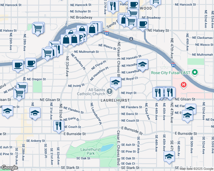 map of restaurants, bars, coffee shops, grocery stores, and more near 654 Northeast Royal Court in Portland