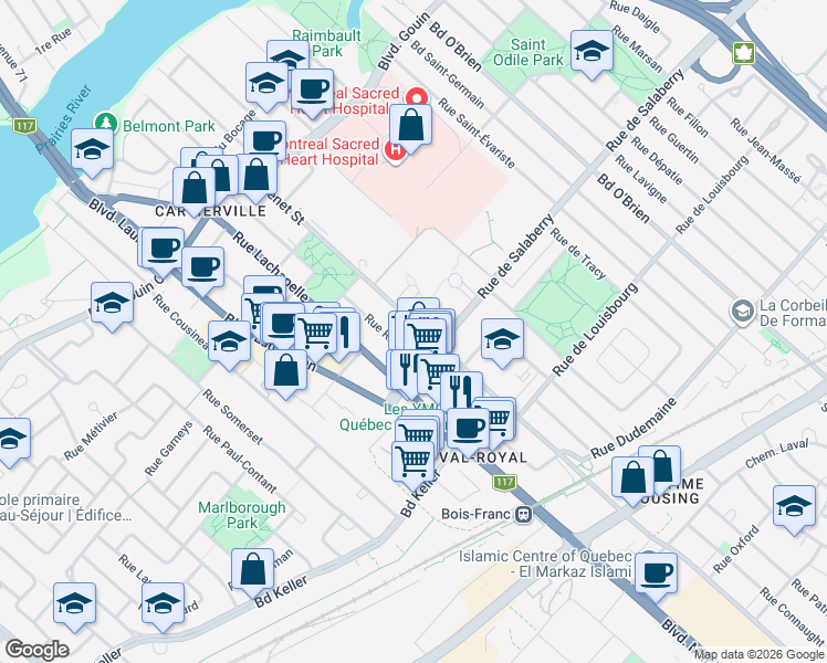 map of restaurants, bars, coffee shops, grocery stores, and more near 12022 Rue Grenet in Montréal
