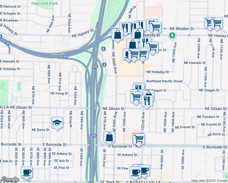 map of restaurants, bars, coffee shops, grocery stores, and more near 737 Northeast 99th Avenue in Portland