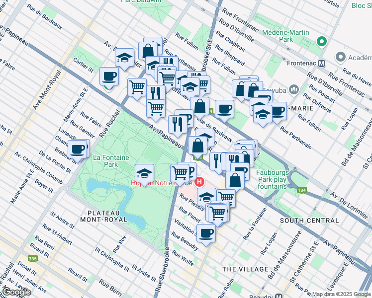 map of restaurants, bars, coffee shops, grocery stores, and more near Rue Sherbrooke Est & Avenue Papineau in Montreal
